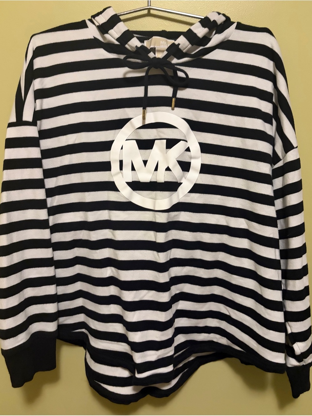 Michael Kors Black & White Striped MK Logo Drawstring Hoodie